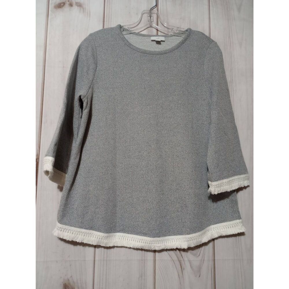 J Jill Shirt Ladies Medium Petite Gray Knit 3/4‎ Sleeve Fringe